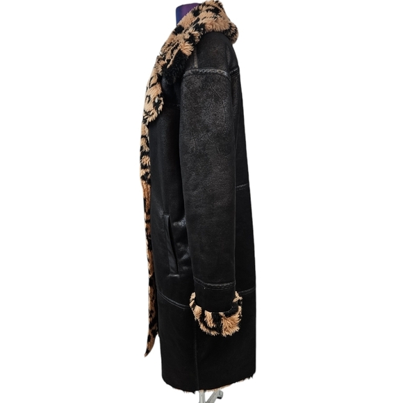 Avec Les Filles Crackle Faux Suede Animal Print Sherpa Midi Coat Size Medium - Picture 4 of 11